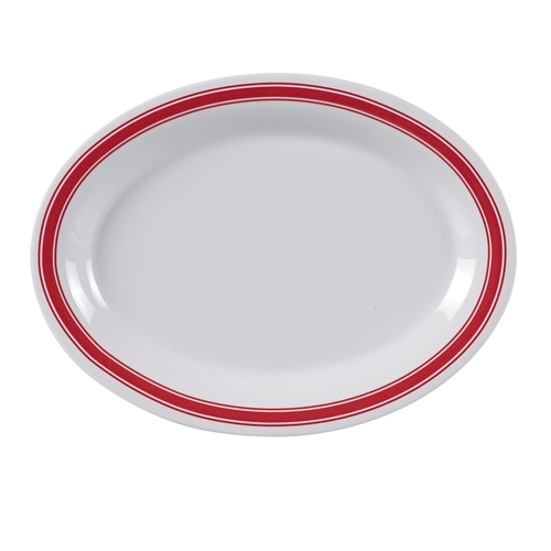 Yanco China HS-213 Houston Red Band/White Melamine 13.5" x 10.5" Oval Platter