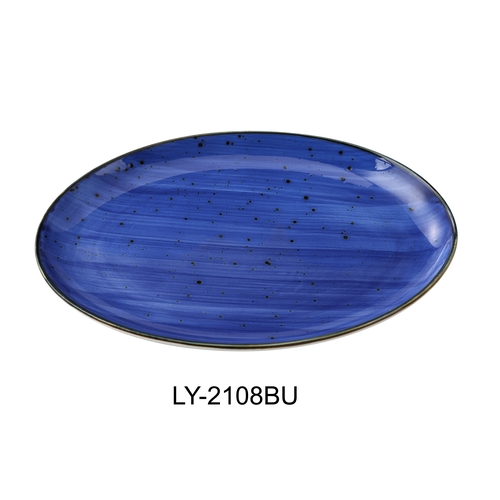 Yanco China LY-2108BU Lyon Blue Speckled Glazed Porcelain 8" x 5.5" Oval Platter