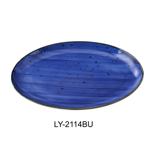 Yanco China LY-2114BU Lyon Blue Speckled Glazed Porcelain 14" x 10" Oval Platter