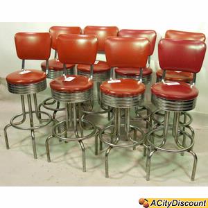 Used 8 Restaurant Padded Retro Red Vinyl Chrome Bar Stool Chairs 