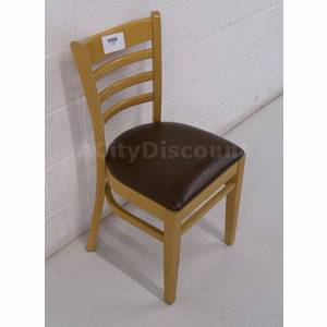 Used Wood Framed Ladder Back Chair W Brown Vinyl Seat Cushion