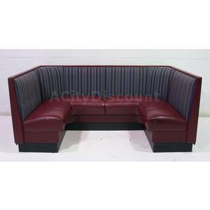 Used Burgundy Seat Blue Striped Back Cushioned Wrap Around Booth 