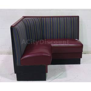 Used Single Corner Booth W Burgundy Seat/ Blue Striped Cushions