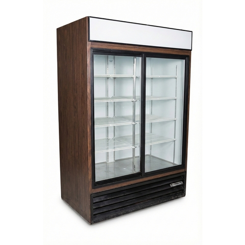 Used Beverage Air MT45 2-Door Sliding Glass Merchandiser Cooler Woodgrain Finish