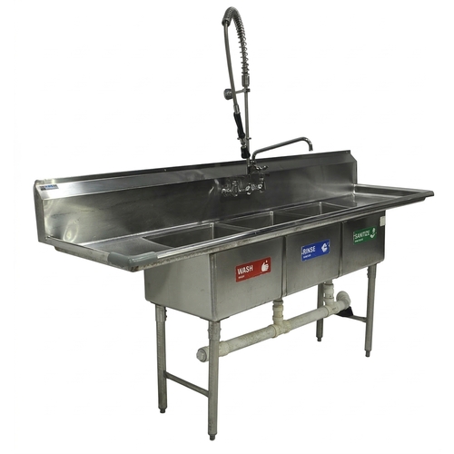 Used GSW USA 90" 3-Compartment Sink w/ Double Drainboards & Pre-Rinse