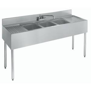 Krowne 21-63C 3 Compartment Bar Sink 21"D w/ Two 18" Drainboards NSF