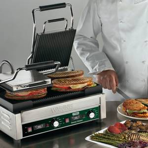 Waring WPG300T Dual Sandwich Ribbed Panini Grill 17" x 9.25" w/ Timer 240v
