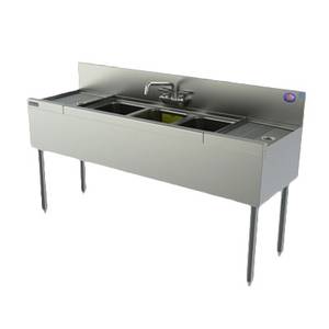 Perlick TSD73C 84" Stainless Deep 3 Compartment Bar Sink Unit w Drainboards