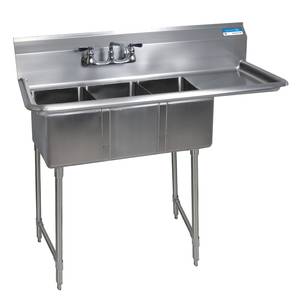 BK Resources BKS-3-1014-10-15RS (3) 10"x14"x10" Compartment Sink S/s Leg Right Drainboard
