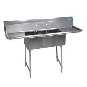 BK Resources BKS-3-1416-12-12TS 3 Compartment Sink 14"x16"x12" with S/s Legs Drainboard L&R