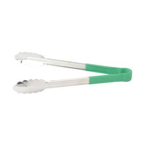 Winco UT-12HP-G 12" Stainless Steel Utility Tongs w/ Green Plastic Handle