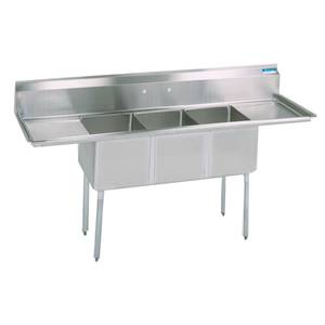 BK Resources BKS-3-20-14-24T 3 Compartment 20x20x14 Sink w/ (2) 24" Drainboards