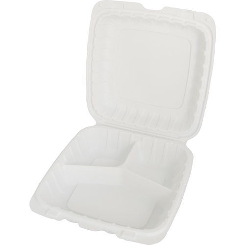 International Tableware, Inc TG-PM-993 9" x 9" Microwaveable 3 Compartment White Plastic Container