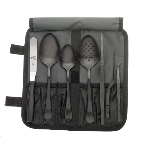 Mercer Culinary M35156BK 8-Piece Plating Spoon Set w/ Heavy Duty Storage Roll