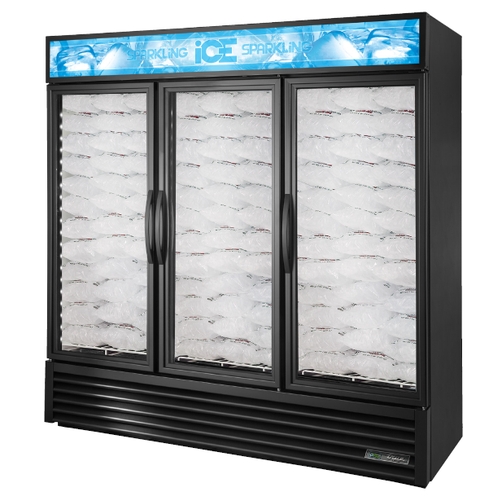 True GDIM-72NT-HC~TSL01 72 Cu.Ft Black Ice Bag Merchandiser Freezer W/ 3 Glass Doors