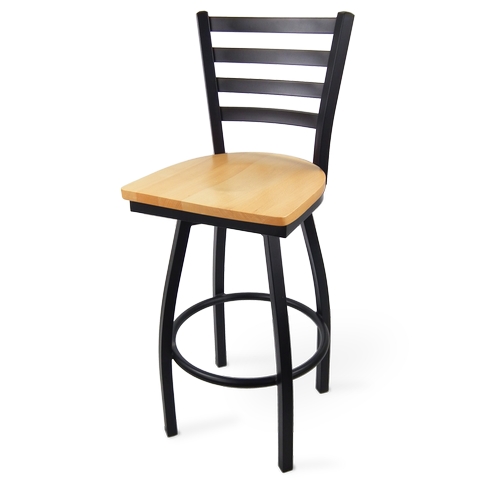 Just Chair Manufaturing M20130-SWL-BLK-SS Ladder Back Black Steel Frame Swivel Barstool w/ Wood Seat