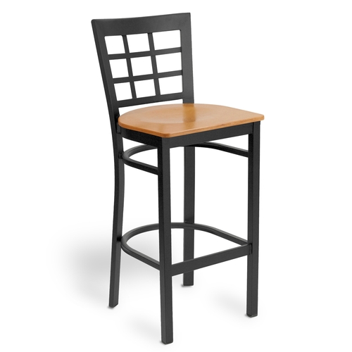 Just Chair Manufaturing M27130-BLK-VS Window-Back Black Powder Coated Bar Stool w/ Veneer Seat