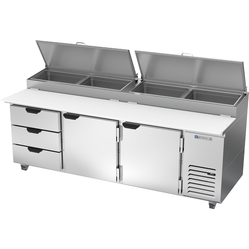 Beverage Air DPD93HC-3 93" 3-Section 2 Door 3 Drawer Refrigerated Pizza Prep Table
