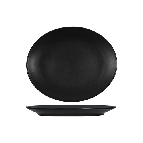 Tuxton China Inc VBH-094 Zion 10" x 16.25" Matte Black Ceramic Coupe Platter - 2 Doz