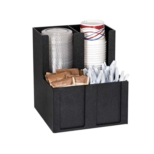 Dispense-Rite MCD-4BT Black Polystyrene 4-Section Cup, Lid & Condiment Caddy