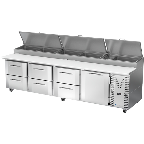 Victory Refrigeration VPPD119HC-6 119" Four-Section 6 Drawer Refrigerated Pizza Prep Table
