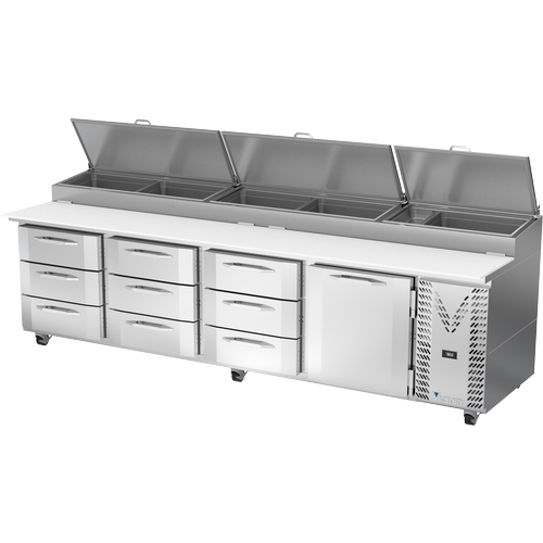 Victory Refrigeration VPPD119HC-9 119" Four-Section 9 Drawer Refrigerated Pizza Prep Table