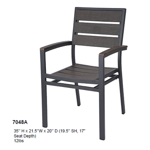 H&D Commercial Seating 7048A Outdoor Stackable Armchair w/ Aluminum Frame & Brown Seat