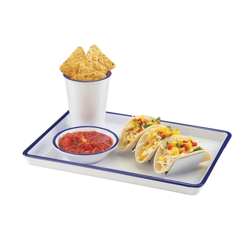 Cal-Mil 3463-15 13" x 9" x 1"H White Melamine Serving Tray w/ Blue Rim