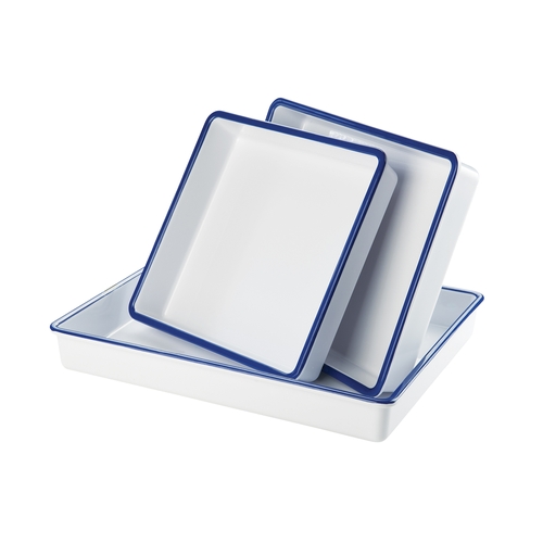 Cal-Mil 3470-15 12" x 7" x 2"H White Melamine Serving Tray w/ Blue Rim