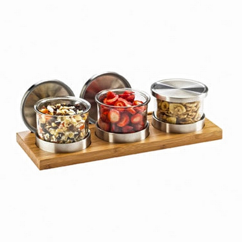 Cal-Mil 1850-4-60 Bamboo 16" x 6" Stainless Steel Cold Condiment Holder