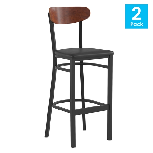 Flash Furniture 2-XU-DG6V6BV-WAL-GG Wright Black Steel Frame Walnut Finish Bar Stool - Set of 2