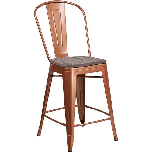 Flash Furniture ET-3534-24-POC-WD-GG Copper Counter Height Steel Bar Stool with Wood Seat