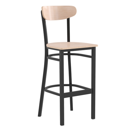Flash Furniture XU-DG6V6B-NAT-GG Wright Black Steel Barstool w/ Birch Boomerang Back & Seat