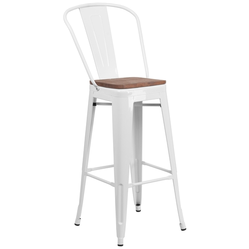 Flash Furniture CH-31320-30GB-WH-WD-GG 30"H White Curved Vertical Back Metal Bar Stool w/ Wood Seat