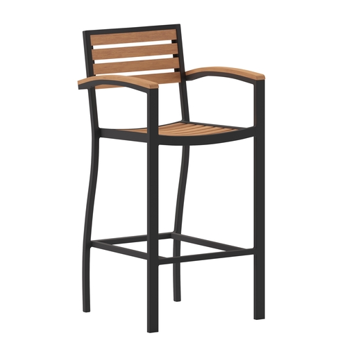 Flash Furniture XU-DG-HW6036B-ARM-GG Lark Black Aluminum Teak Faux Wood Slat Back & Seat Barstool