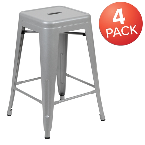 Flash Furniture 4-ET-31320-24-SV-R-GG Cierra 24"H Silver Metal Indoor Stacking Barstool - Set of 4