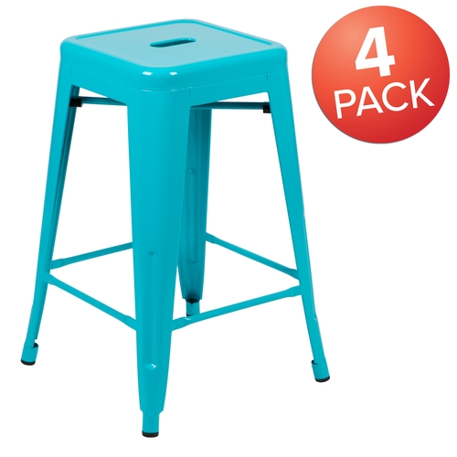 Flash Furniture 4-ET-31320-24-TL-R-GG Cierra 24"H Teal Metal Indoor Stacking Bar Stool - Set of 4