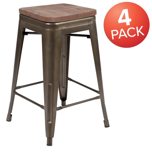 Flash Furniture 4-ET-31320W-24-GN-R-GG Cierra 24"H Gray Metal Indoor Barstool w/ Wood Seat - 4 Pack