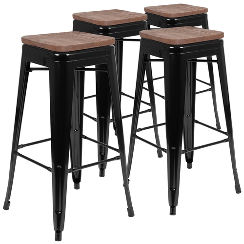 Flash Furniture 4-ET-31320W-30-BK-R-GG Cierra 30"H Black Metal Indoor Barstool w/ Wood Seat - 4 Pk
