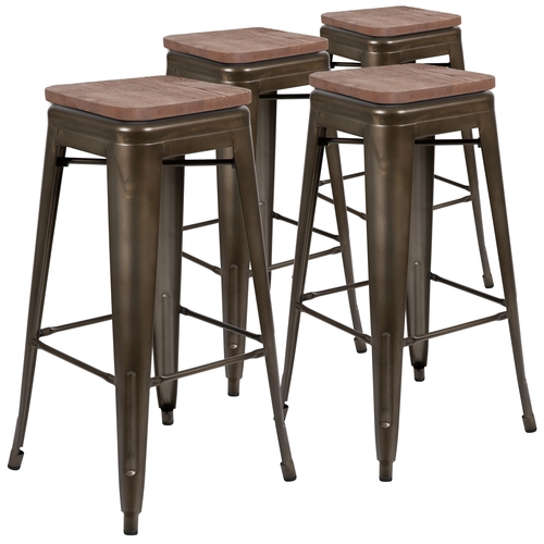 Flash Furniture 4-ET-31320W-30-GN-R-GG Cierra 30"H Gray Metal Indoor Barstool w/ Wood Seat - 4 Pk