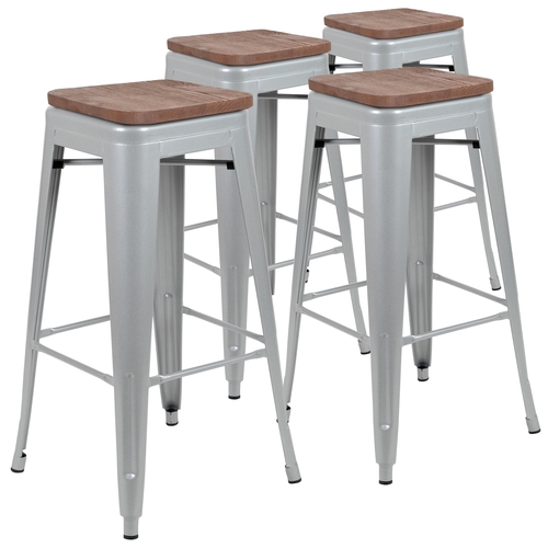 Flash Furniture 4-ET-31320W-30-SV-R-GG Cierra 30"H Silver Metal Indoor Barstool w/ Wood Seat - 4 Pk
