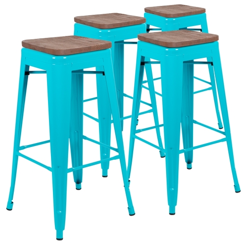 Flash Furniture 4-ET-31320W-30-TL-R-GG Cierra 30"H Teal Metal Indoor Barstool w/ Wood Seat - 4 Pk