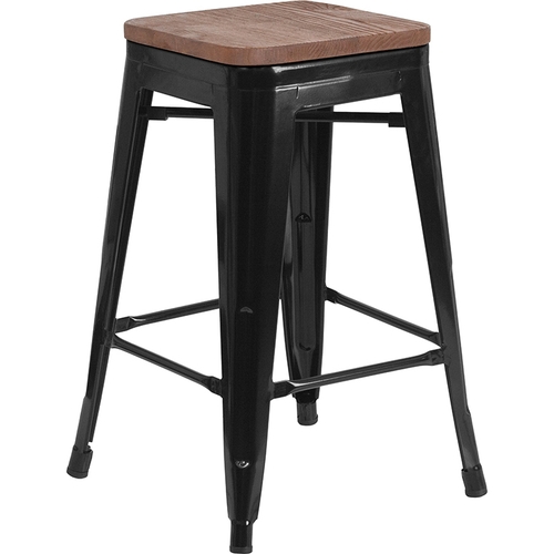 Flash Furniture CH-31320-24-BK-WD-GG 24"H Backless Black Metal Counter Barstool w/ Wood Seat