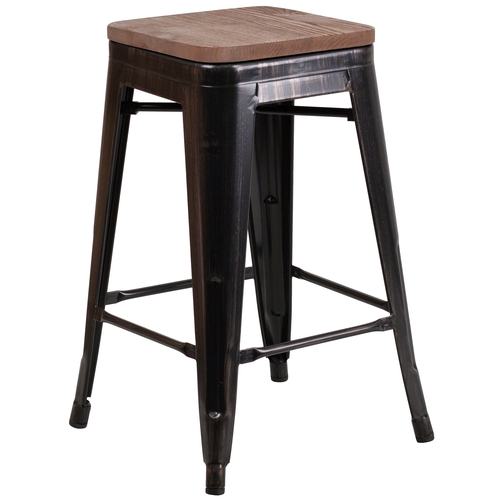 Flash Furniture CH-31320-24-BQ-WD-GG 24"H Backless Black & Gold Metal Counter Stool w/ Wood Seat