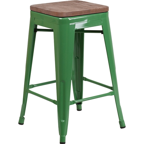 Flash Furniture CH-31320-24-GN-WD-GG 24"H Backless Green Metal Counter Barstool w/ Wood Seat