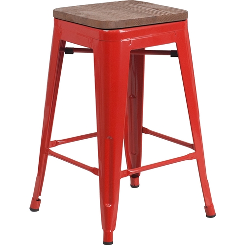 Flash Furniture CH-31320-24-RED-WD-GG 24"H Backless Red Metal Counter Barstool w/ Wood Seat