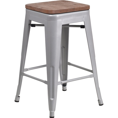 Flash Furniture CH-31320-24-SIL-WD-GG 24"H Backless Silver Metal Counter Barstool w/ Wood Seat