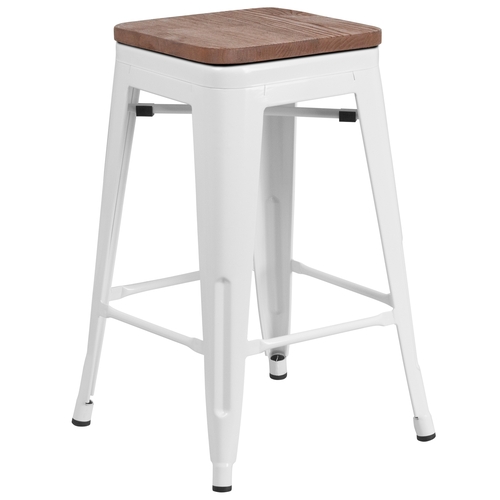 Flash Furniture CH-31320-24-WH-WD-GG 24"H Backless White Metal Counter Barstool w/ Wood Seat