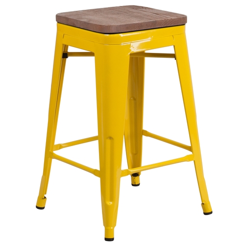 Flash Furniture CH-31320-24-YL-WD-GG 24"H Backless Yellow Metal Counter Barstool w/ Wood Seat 