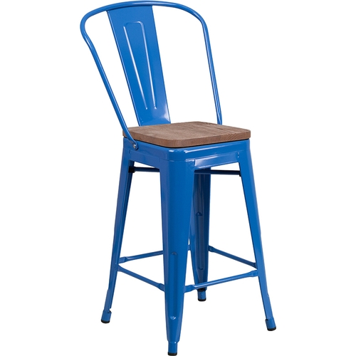 Flash Furniture CH-31320-24GB-BL-WD-GG 24"H Blue Metal Curved Vertical Back Barstool w/ Wood Seat